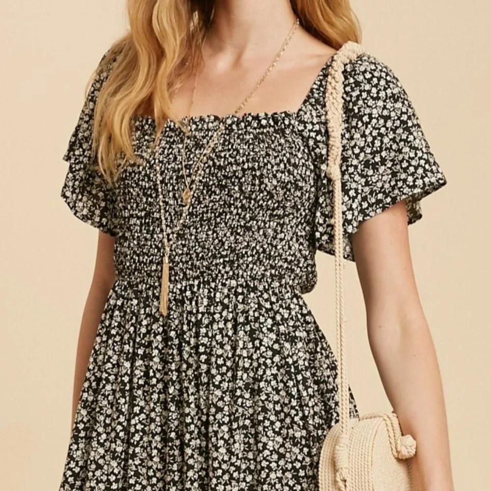NEW Black Ditsy Floral Smock Square Neck Bodice Lace Trim Skirt Boho Maxi Dress - Picture 4 of 11